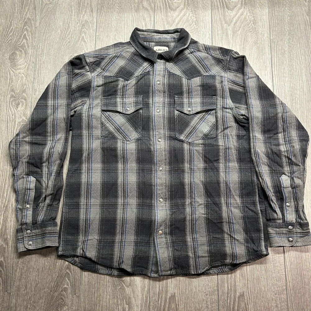 Ariat Mens Retro Fit Western Plaid Pearl Snap XL Long Sleeve Shirt Grey Black XL